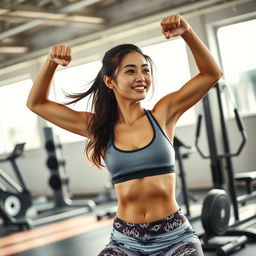 An Asian woman engaging in an energetic workout, showcasing her determination and strength