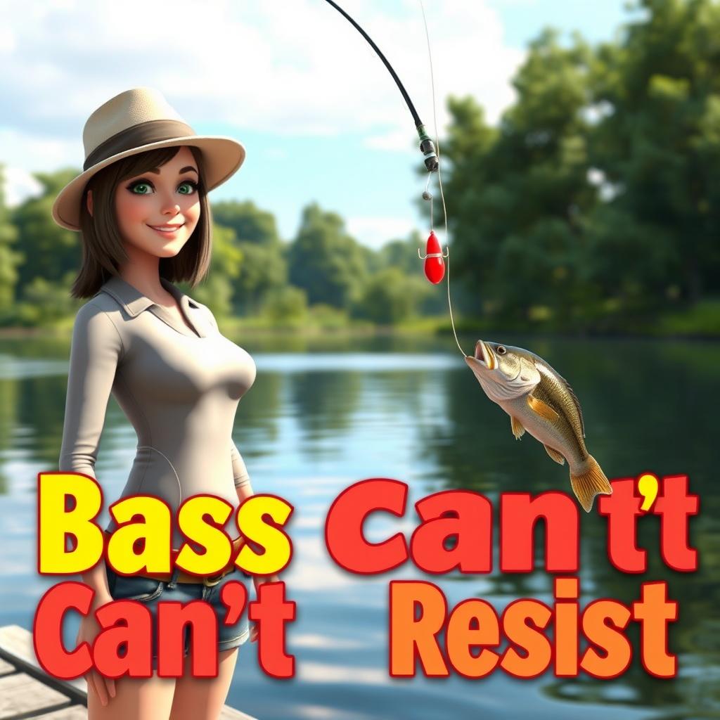 A realistic 3D animated image of a woman fishing for bass near a tranquil lake