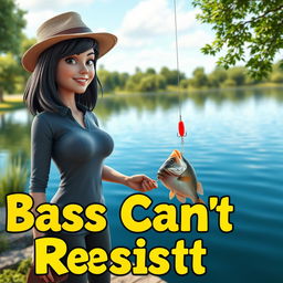 A realistic 3D animated image of a woman fishing for bass near a tranquil lake