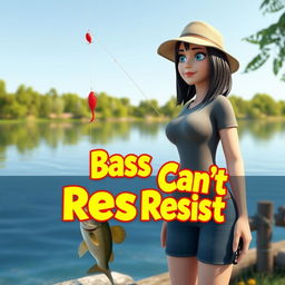 A realistic 3D animated image of a woman fishing for bass near a tranquil lake