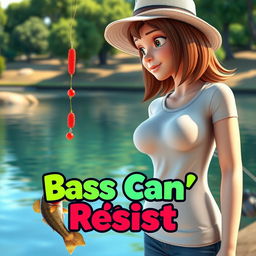 A realistic 3D animated image of a woman fishing for bass near a tranquil lake