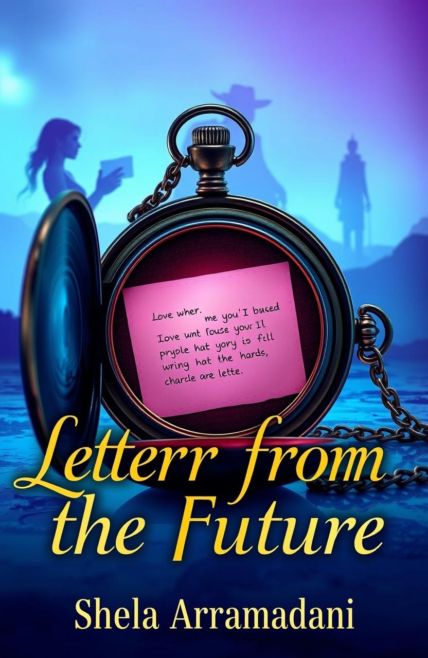 An antique pocket watch opened, with a glowing letter emanating from it, featuring a love message