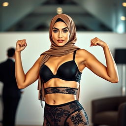 A confident woman in a hijab, radiating empowerment and style, wearing a sleek black bra and alluringly designed panties