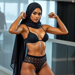 A confident woman in a hijab, radiating empowerment and style, wearing a sleek black bra and alluringly designed panties