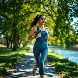 An Asian woman jogging along a riverbank, dressed in stylish athletic wear