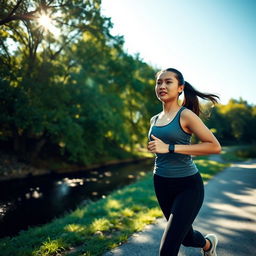 An Asian woman jogging along a riverbank, dressed in stylish athletic wear