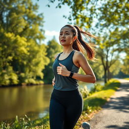 An Asian woman jogging along a riverbank, dressed in stylish athletic wear