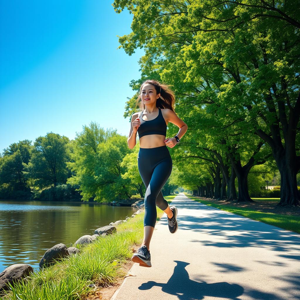 An Asian woman jogging along a riverbank, dressed in stylish athletic wear