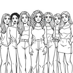 A detailed line drawing for a coloring book featuring a group of women and girls of different body types and skin colors, all dressed in modern plain clothing and standing next to each other with serious expressions