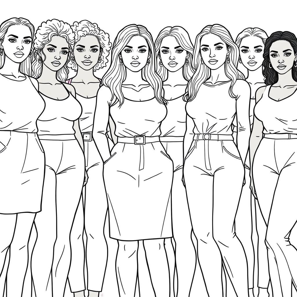 A detailed line drawing for a coloring book featuring a group of women and girls of different body types and skin colors, all dressed in modern plain clothing and standing next to each other with serious expressions