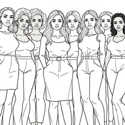 A detailed line drawing for a coloring book featuring a group of women and girls of different body types and skin colors, all dressed in modern plain clothing and standing next to each other with serious expressions