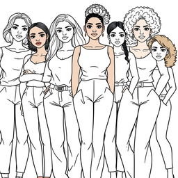 A detailed line drawing for a coloring book featuring a group of women and girls of different body types and skin colors, all dressed in modern plain clothing and standing next to each other with serious expressions