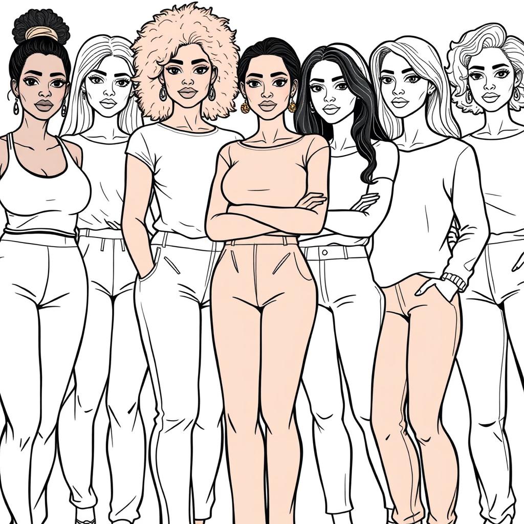 A detailed line drawing for a coloring book featuring a group of women and girls of different body types and skin colors, all dressed in modern plain clothing and standing next to each other with serious expressions