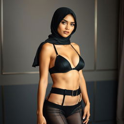 A stylish woman in a hijab, exuding confidence and allure, wearing a chic black bra and the most fashionable and daring panties