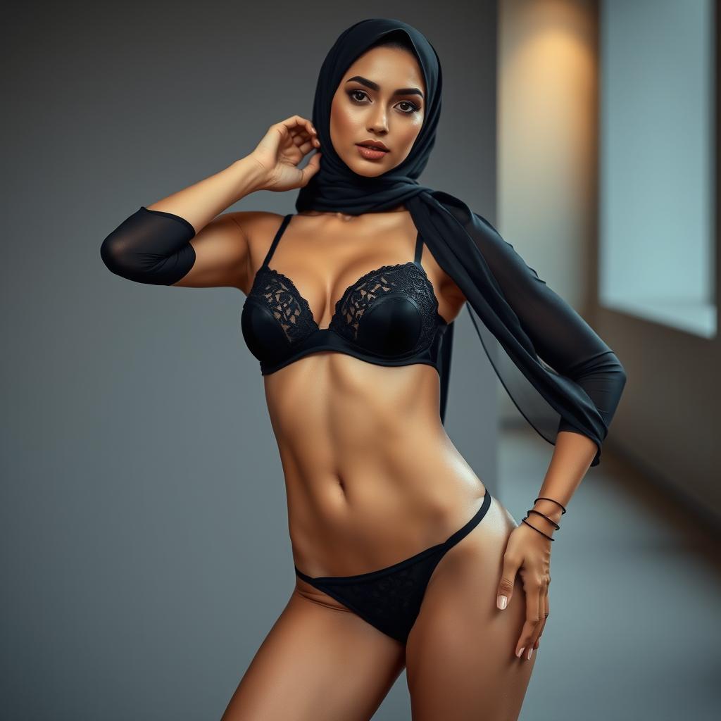 A stylish woman in a hijab, exuding confidence and allure, wearing a chic black bra and the most fashionable and daring panties