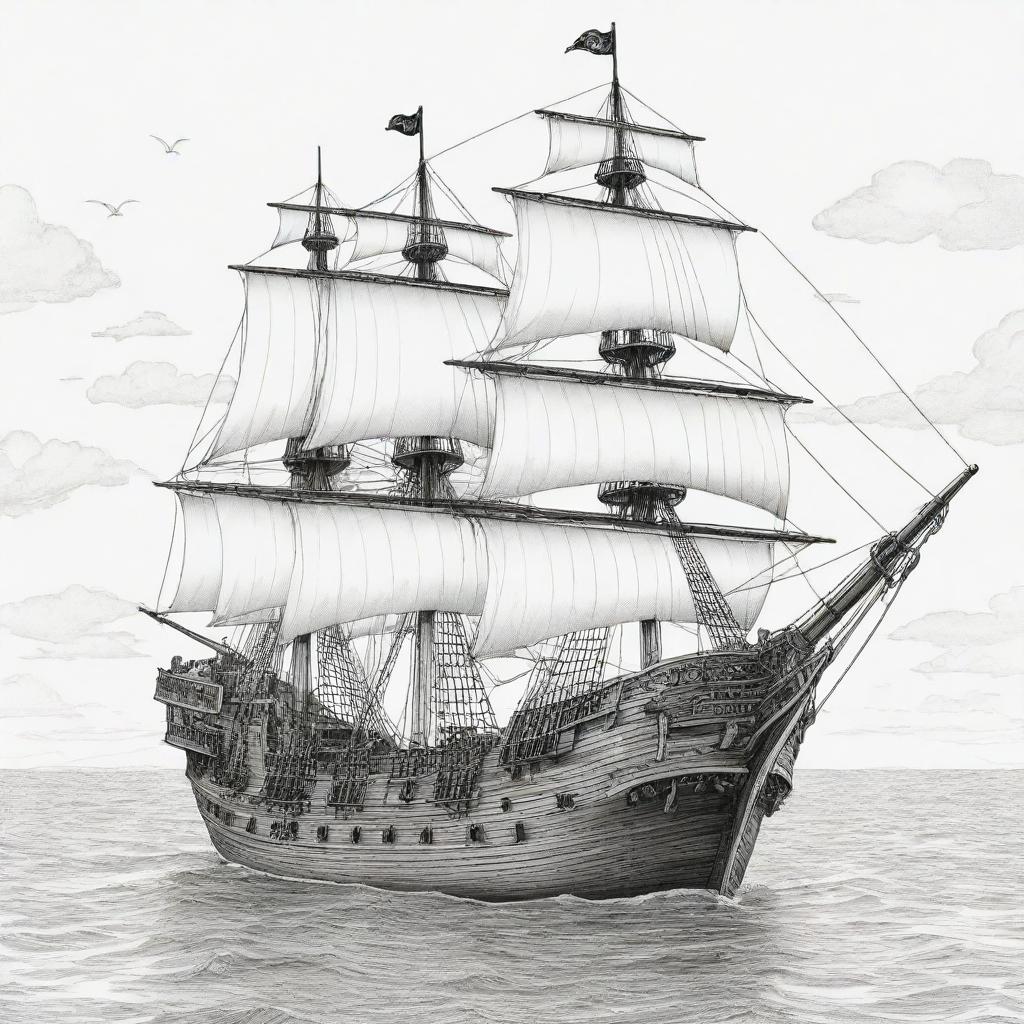 A detailed, two-dimensional black and white outline of a majestic pirate ship for a coloring page.