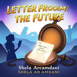 A cartoon-style cover for 'Letter from the Future' featuring an antique pocket watch opened, with a glowing letter emerging from within, bearing a love message