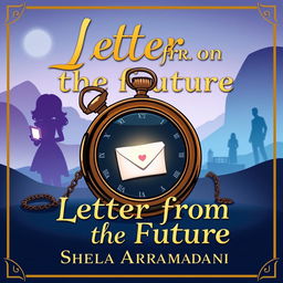 A cartoon-style cover for 'Letter from the Future' featuring an antique pocket watch opened, with a glowing letter emerging from within, bearing a love message