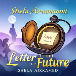 A cartoon-style cover for 'Letter from the Future' featuring an antique pocket watch opened, with a glowing letter emerging from within, bearing a love message