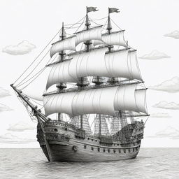 A detailed, two-dimensional black and white outline of a majestic pirate ship for a coloring page.