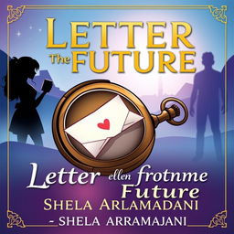 A cartoon-style cover for 'Letter from the Future' featuring an antique pocket watch opened, with a glowing letter emerging from within, bearing a love message