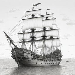 A detailed, two-dimensional black and white outline of a majestic pirate ship for a coloring page.