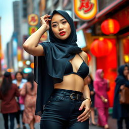 A stylish Chinese woman in a hijab, confidently wearing a chic black bra and fashionable panties, striking bold and sexy poses in a vibrant public setting