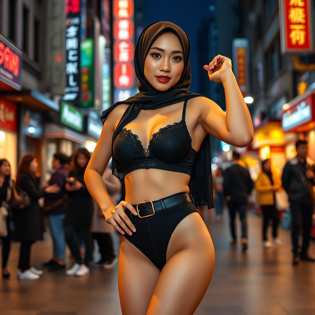 A stylish Chinese woman in a hijab, confidently wearing a chic black bra and fashionable panties, striking bold and sexy poses in a vibrant public setting