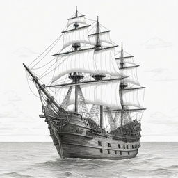 A detailed, two-dimensional black and white outline of a majestic pirate ship for a coloring page.