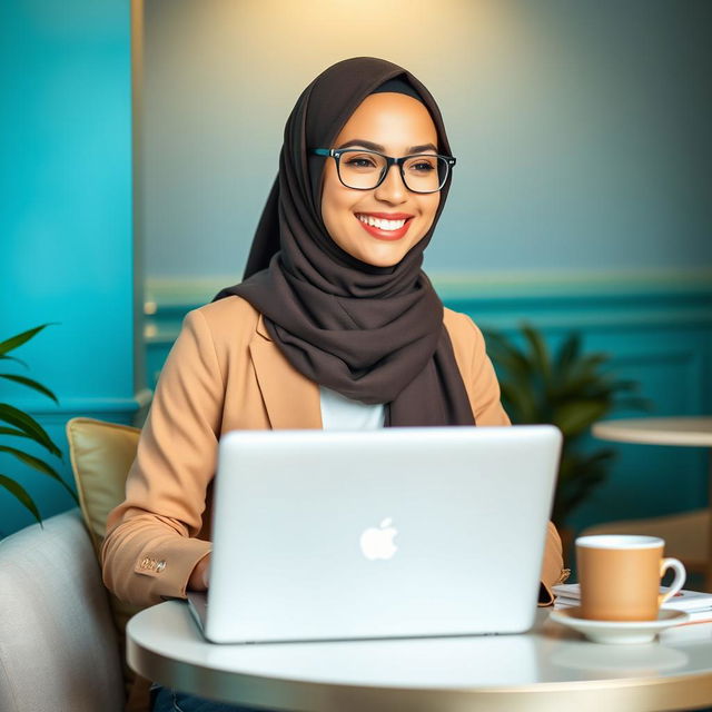 A smiling young lady wearing a stylish hijab, sitting at a cozy table while working on a laptop