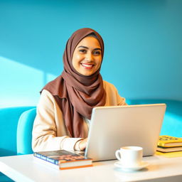 A smiling young lady wearing a stylish hijab, sitting at a cozy table while working on a laptop