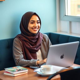 A smiling young lady wearing a stylish hijab, sitting at a cozy table while working on a laptop