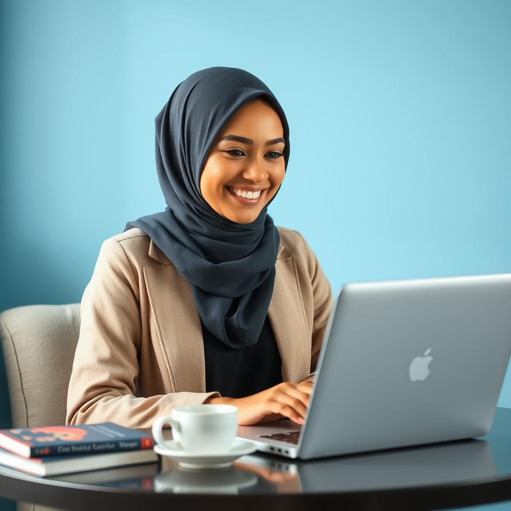 A smiling young lady wearing a stylish hijab, sitting at a cozy table while working on a laptop