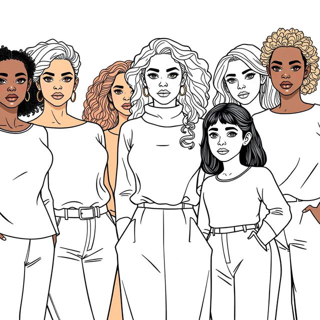 A detailed line drawing for a coloring book featuring a group of women and girls of different skin colors, all dressed in modern plain clothing and standing next to each other with serious expressions