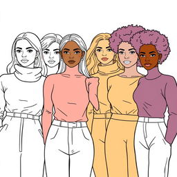 A detailed line drawing for a coloring book featuring a group of women and girls of different skin colors, all dressed in modern plain clothing and standing next to each other with serious expressions