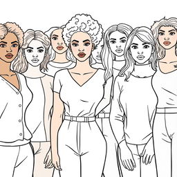 A detailed line drawing for a coloring book featuring a group of women and girls of different skin colors, all dressed in modern plain clothing and standing next to each other with serious expressions