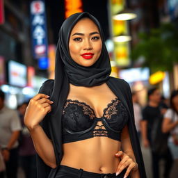 A stylish Chinese woman in a hijab, confidently wearing a chic black bra and elegant lingerie, striking bold and sexy poses in a lively public setting
