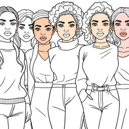 A detailed line drawing for a coloring book featuring a group of women and girls of different skin colors, all dressed in modern plain clothing and standing next to each other with serious expressions