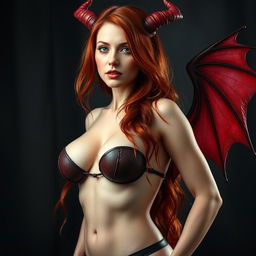 A stunning red-haired succubus with large breasts, depicted in full-body, showcasing her curvy figure and enchanting features