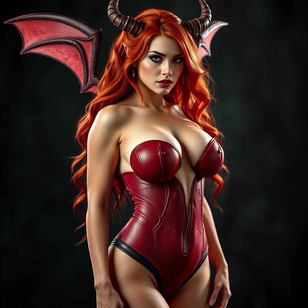 A stunning red-haired succubus with large breasts, depicted in full-body, showcasing her curvy figure and enchanting features