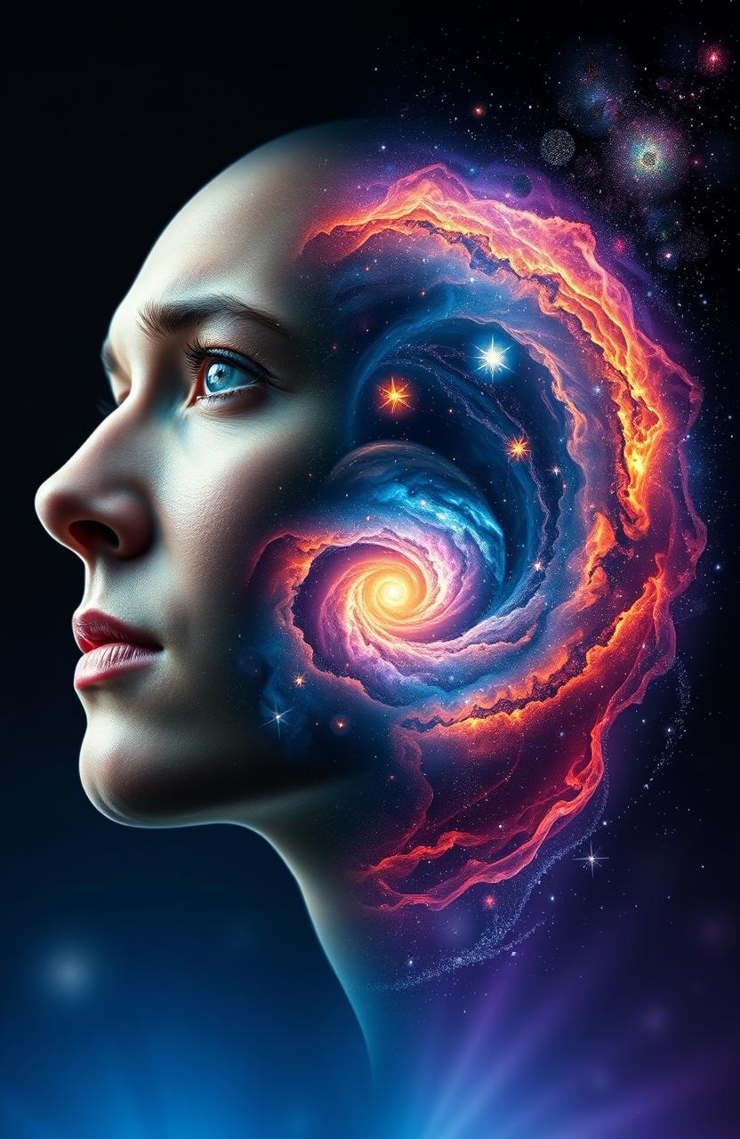 A surreal image depicting the fusion of earthly and cosmic elements, featuring half of a person's face dissolving into stars and nebulas