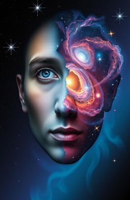 A surreal image depicting the fusion of earthly and cosmic elements, featuring half of a person's face dissolving into stars and nebulas