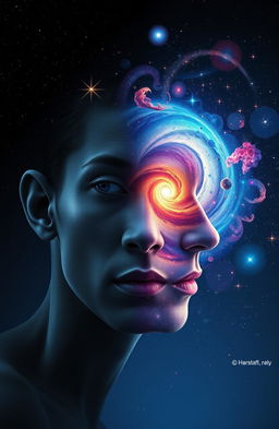 A surreal image depicting the fusion of earthly and cosmic elements, featuring half of a person's face dissolving into stars and nebulas