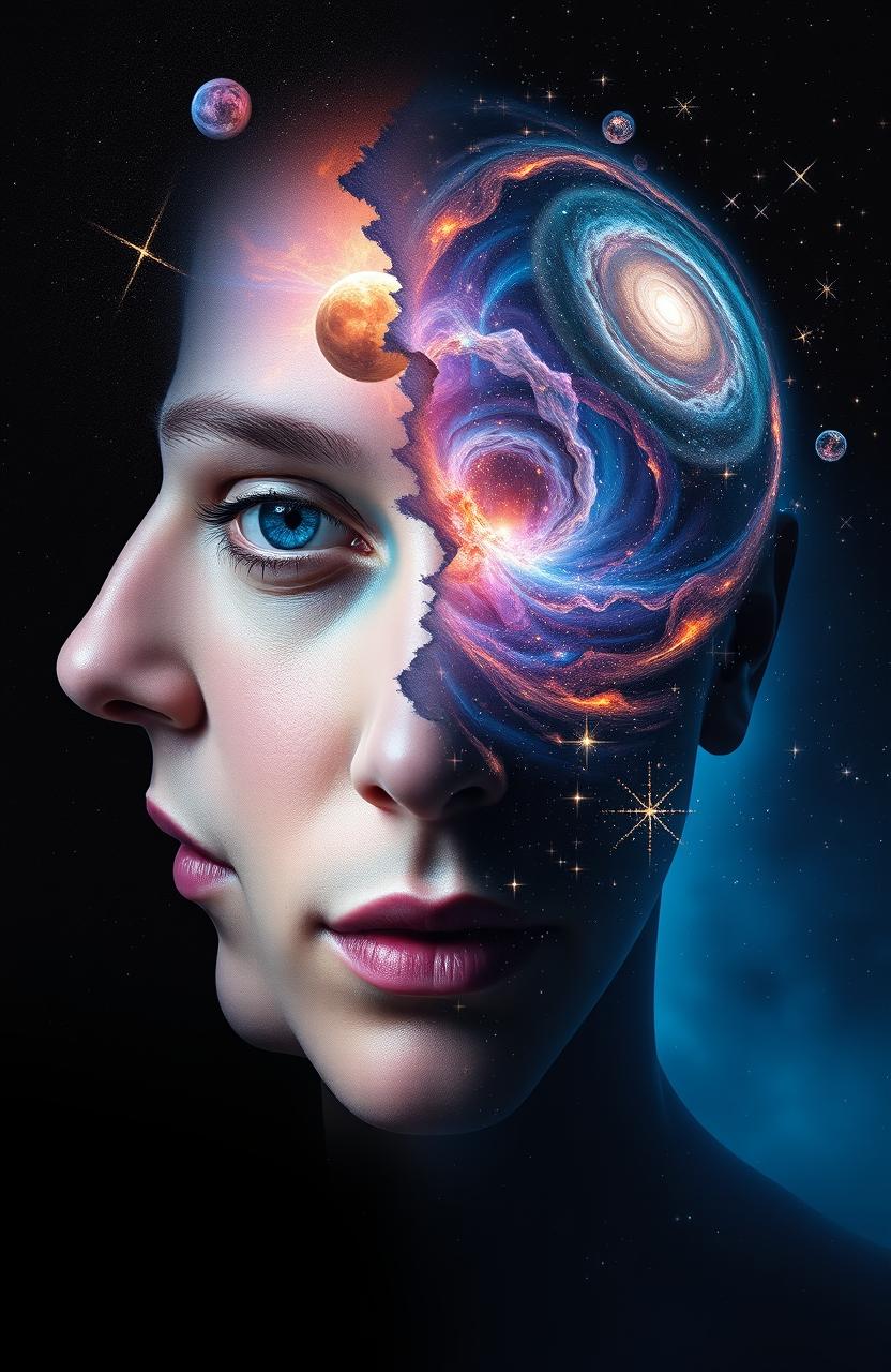 A surreal image depicting the fusion of earthly and cosmic elements, featuring half of a person's face dissolving into stars and nebulas