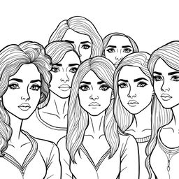 A detailed line drawing for a coloring book featuring a group of women and girls with realistic features, all standing next to each other with serious expressions