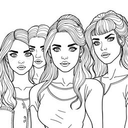 A detailed line drawing for a coloring book featuring a group of women and girls with realistic features, all standing next to each other with serious expressions