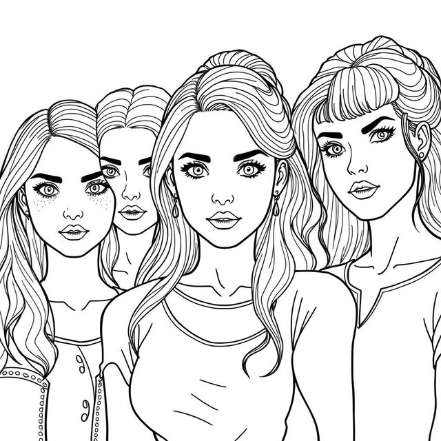 A detailed line drawing for a coloring book featuring a group of women and girls with realistic features, all standing next to each other with serious expressions