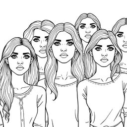 A detailed line drawing for a coloring book featuring a group of women and girls with realistic features, all standing next to each other with serious expressions