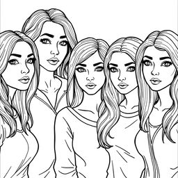 A detailed line drawing for a coloring book featuring a group of women and girls with realistic features, all standing next to each other with serious expressions