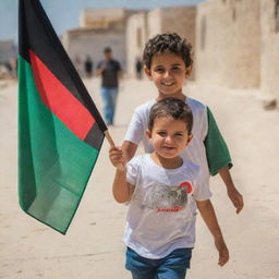 A young, innocent child proudly carrying the Palestinian flag amidst a sunny day, symbolizing hope and peace.